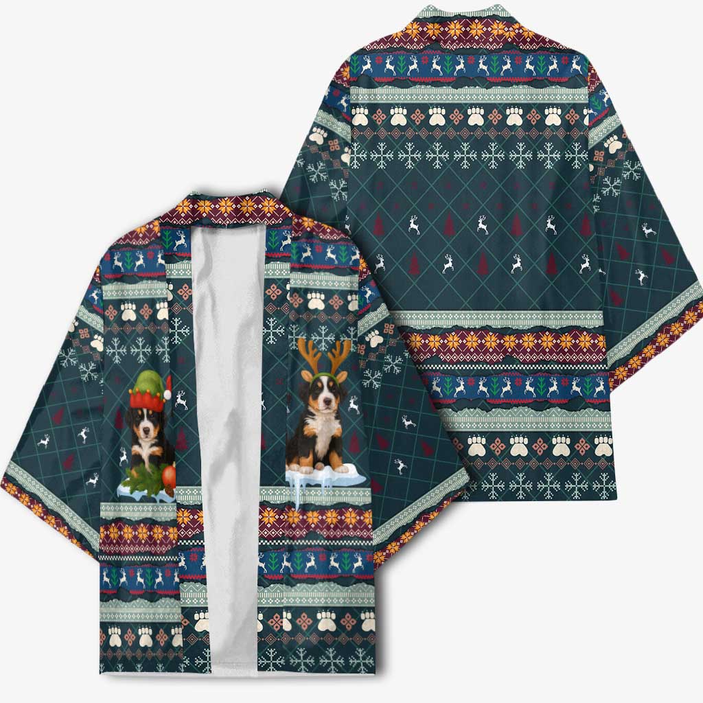 Bernese Mountain Dogs in Holiday Costumes Kimono with Green Snowflake Pattern Design - Wonder Print Shop