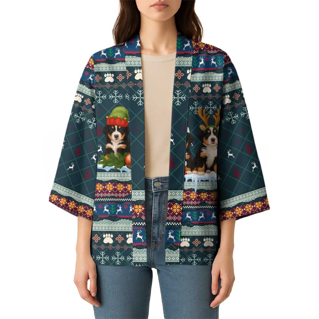 Bernese Mountain Dogs in Holiday Costumes Kimono with Green Snowflake Pattern Design - Wonder Print Shop
