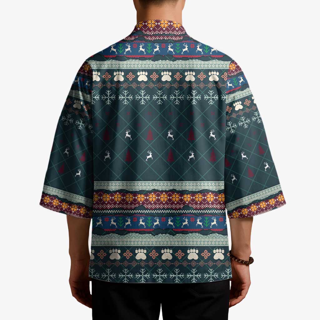 Bernese Mountain Dogs in Holiday Costumes Kimono with Green Snowflake Pattern Design - Wonder Print Shop