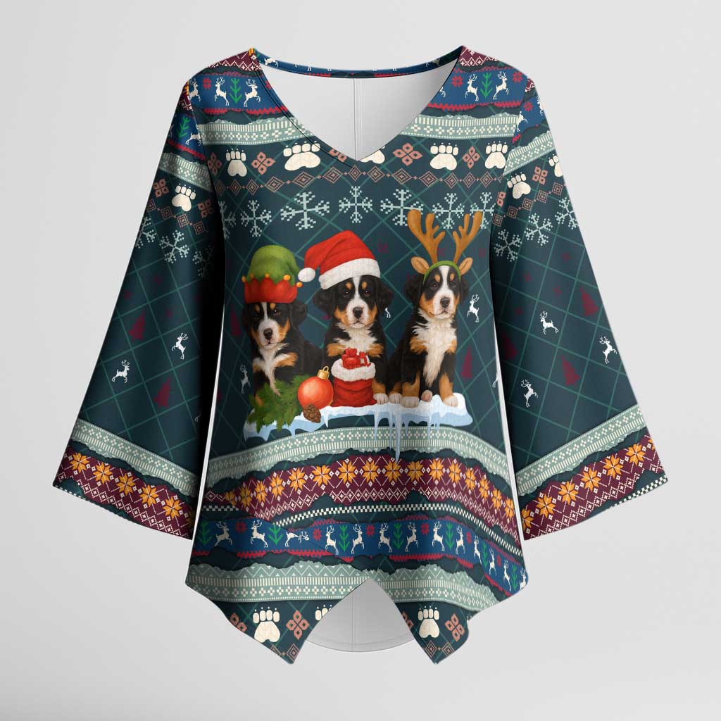 Bernese Mountain Dogs in Holiday Costumes Kimono Sleeve Blouse with Green Snowflake Pattern Design - Wonder Print Shop