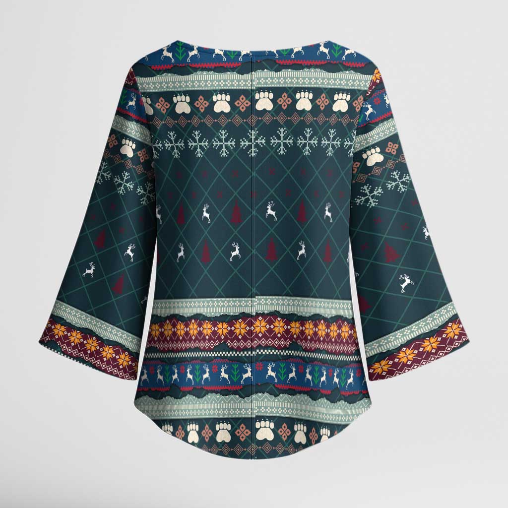 Bernese Mountain Dogs in Holiday Costumes Kimono Sleeve Blouse with Green Snowflake Pattern Design - Wonder Print Shop