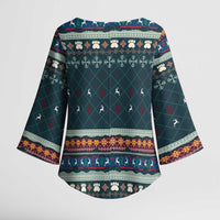 Bernese Mountain Dogs in Holiday Costumes Kimono Sleeve Blouse with Green Snowflake Pattern Design - Wonder Print Shop