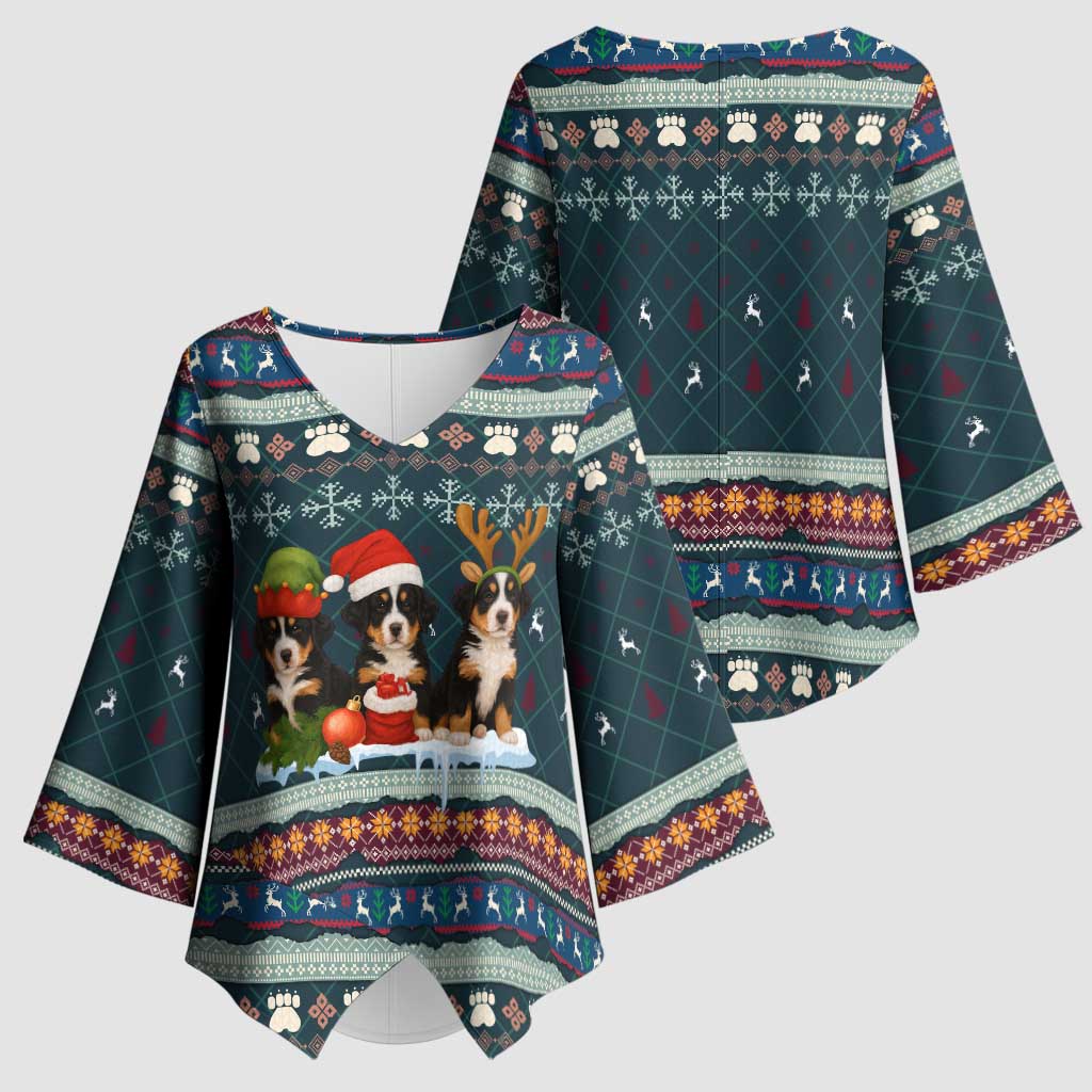 Bernese Mountain Dogs in Holiday Costumes Kimono Sleeve Blouse with Green Snowflake Pattern Design - Wonder Print Shop