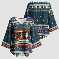 Bernese Mountain Dogs in Holiday Costumes Kimono Sleeve Blouse with Green Snowflake Pattern Design - Wonder Print Shop