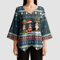 Bernese Mountain Dogs in Holiday Costumes Kimono Sleeve Blouse with Green Snowflake Pattern Design - Wonder Print Shop