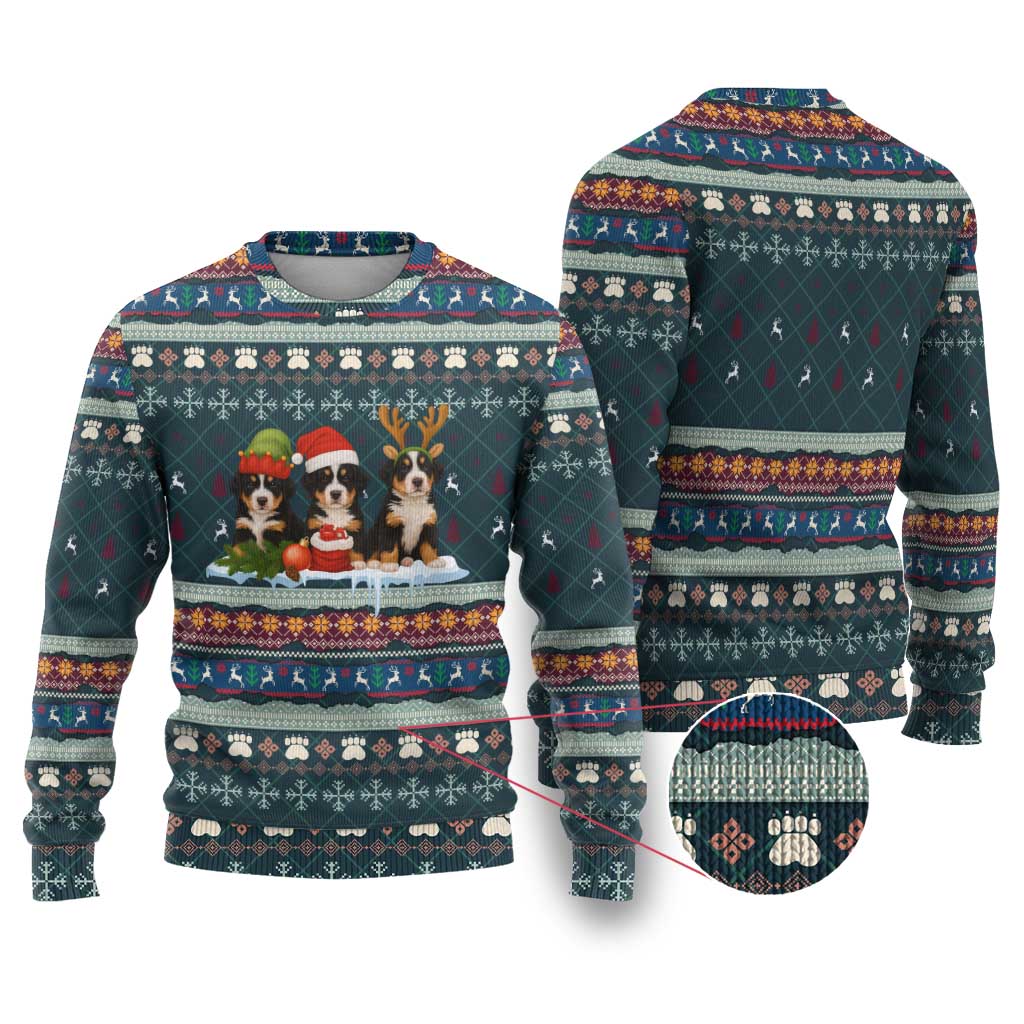 Bernese Mountain Dogs in Holiday Costumes Ugly Christmas Sweater with Green Snowflake Pattern Design - Wonder Print Shop