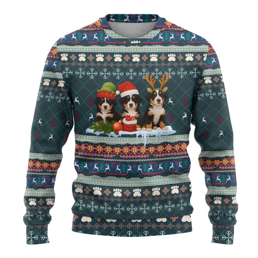 Bernese Mountain Dogs in Holiday Costumes Ugly Christmas Sweater with Green Snowflake Pattern Design - Wonder Print Shop