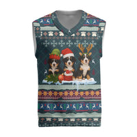 Bernese Mountain Dogs in Holiday Costumes Christmas Knitted V-Neck Vest with Green Snowflake Pattern Design - Wonder Print Shop