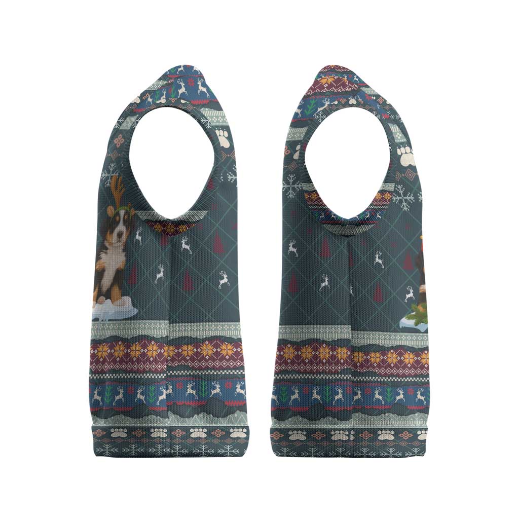 Bernese Mountain Dogs in Holiday Costumes Christmas Knitted V-Neck Vest with Green Snowflake Pattern Design - Wonder Print Shop