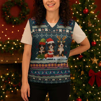 Bernese Mountain Dogs in Holiday Costumes Christmas Knitted V-Neck Vest with Green Snowflake Pattern Design - Wonder Print Shop