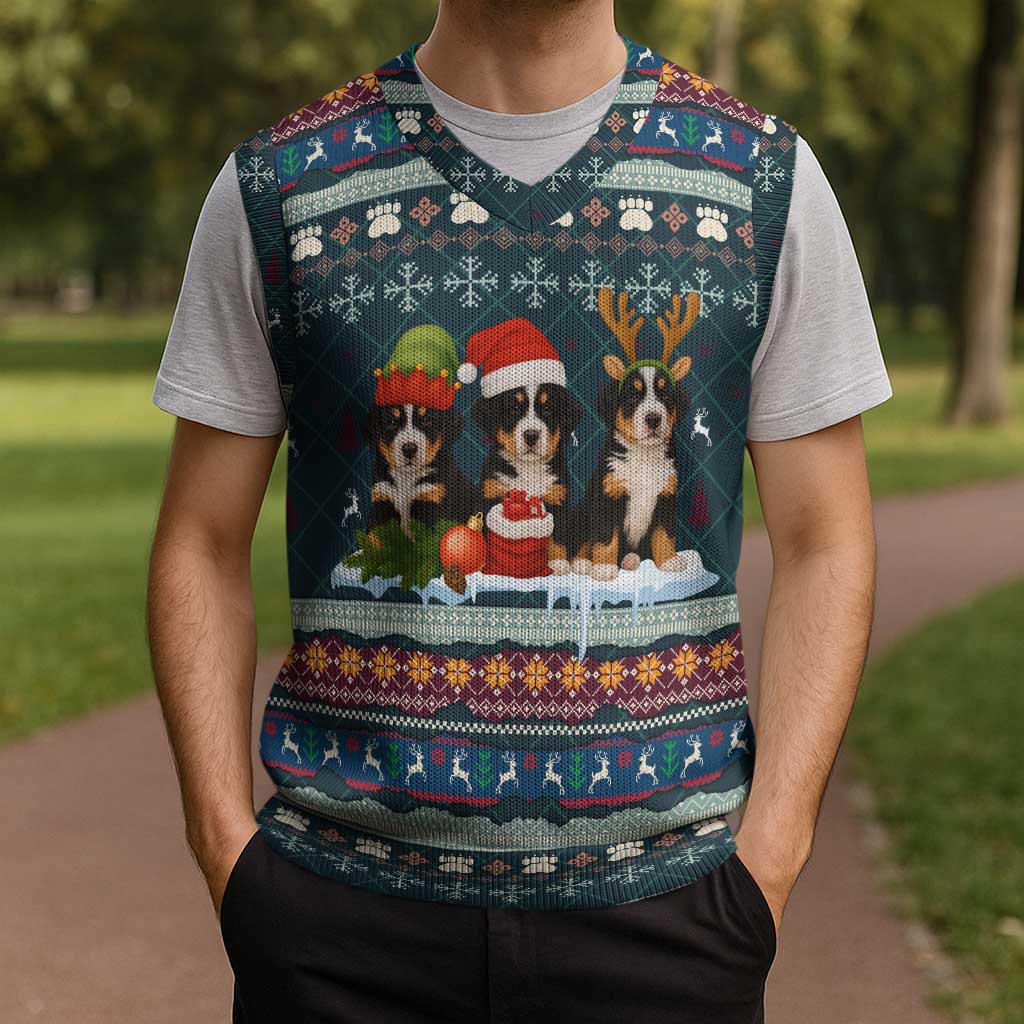 Bernese Mountain Dogs in Holiday Costumes Christmas Knitted V-Neck Vest with Green Snowflake Pattern Design - Wonder Print Shop