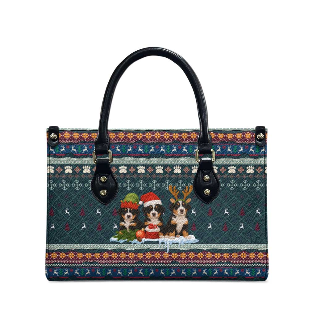 Bernese Mountain Dogs in Holiday Costumes Leather Bag with Green Snowflake Pattern Design - Wonder Print Shop