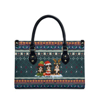 Bernese Mountain Dogs in Holiday Costumes Leather Bag with Green Snowflake Pattern Design - Wonder Print Shop