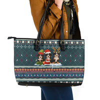 Bernese Mountain Dogs in Holiday Costumes Leather Tote Bag with Green Snowflake Pattern Design - Wonder Print Shop