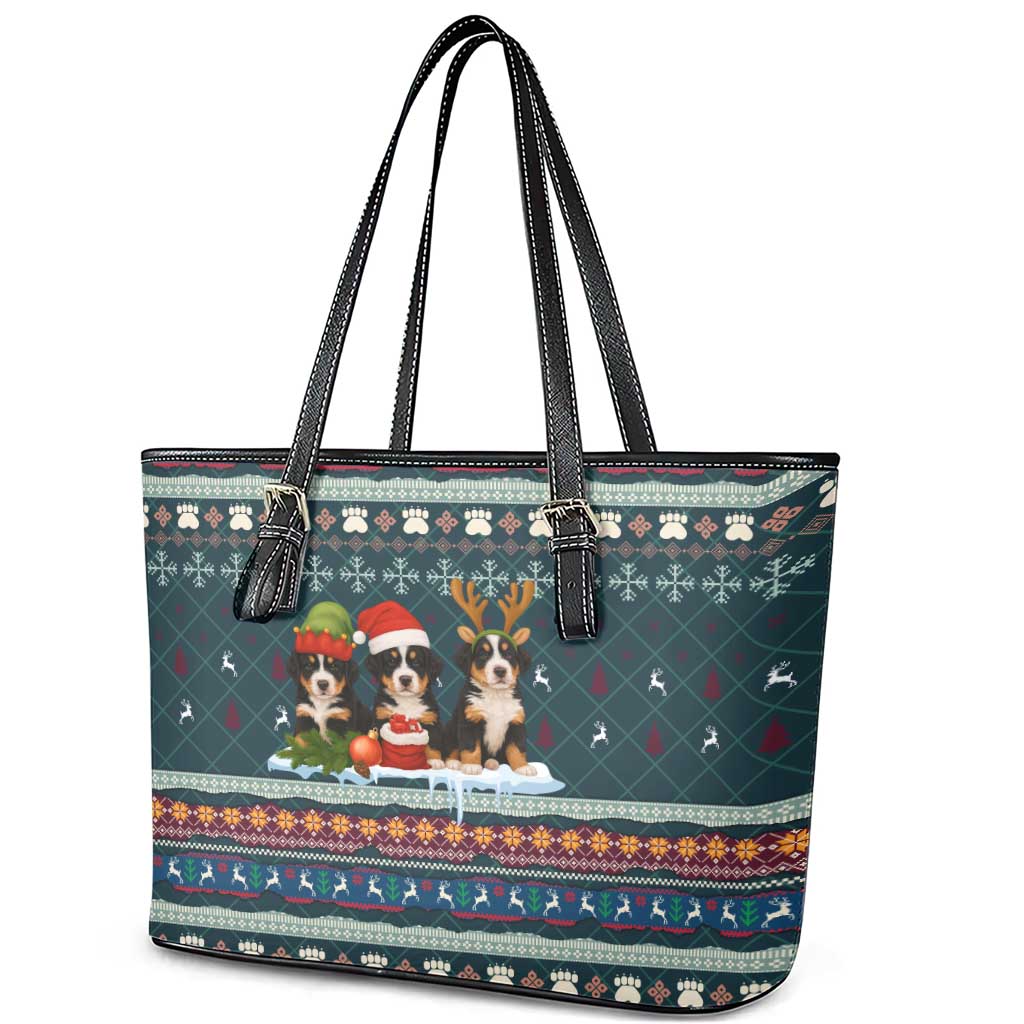 Bernese Mountain Dogs in Holiday Costumes Leather Tote Bag with Green Snowflake Pattern Design - Wonder Print Shop