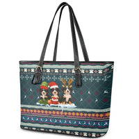 Bernese Mountain Dogs in Holiday Costumes Leather Tote Bag with Green Snowflake Pattern Design - Wonder Print Shop