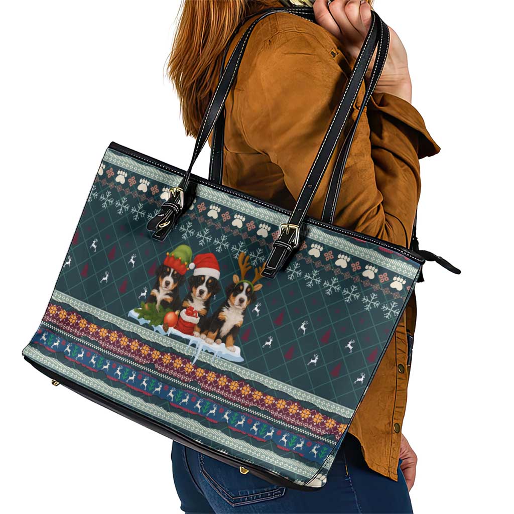 Bernese Mountain Dogs in Holiday Costumes Leather Tote Bag with Green Snowflake Pattern Design - Wonder Print Shop
