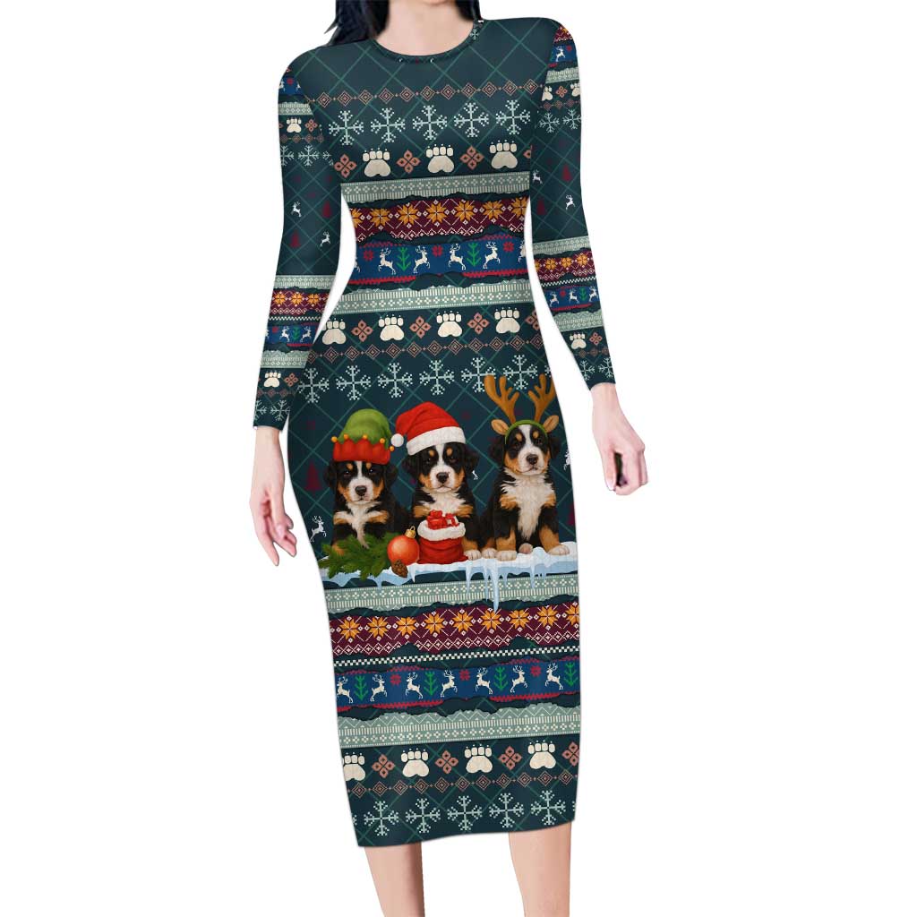 Bernese Mountain Dogs in Holiday Costumes Long Sleeve Bodycon Dress with Green Snowflake Pattern Design - Wonder Print Shop