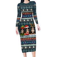 Bernese Mountain Dogs in Holiday Costumes Long Sleeve Bodycon Dress with Green Snowflake Pattern Design - Wonder Print Shop