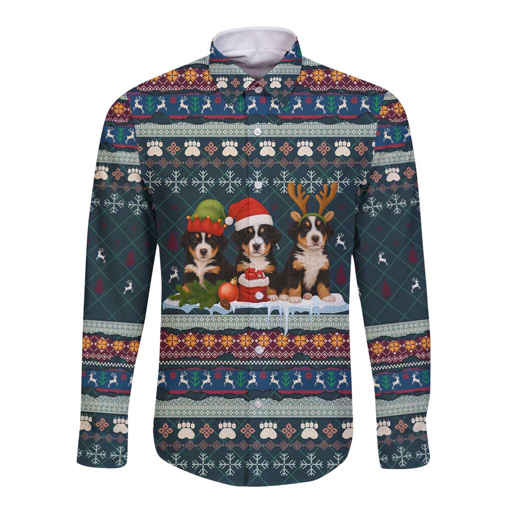 Bernese Mountain Dogs in Holiday Costumes Long Sleeve Button Shirt with Green Snowflake Pattern Design - Wonder Print Shop