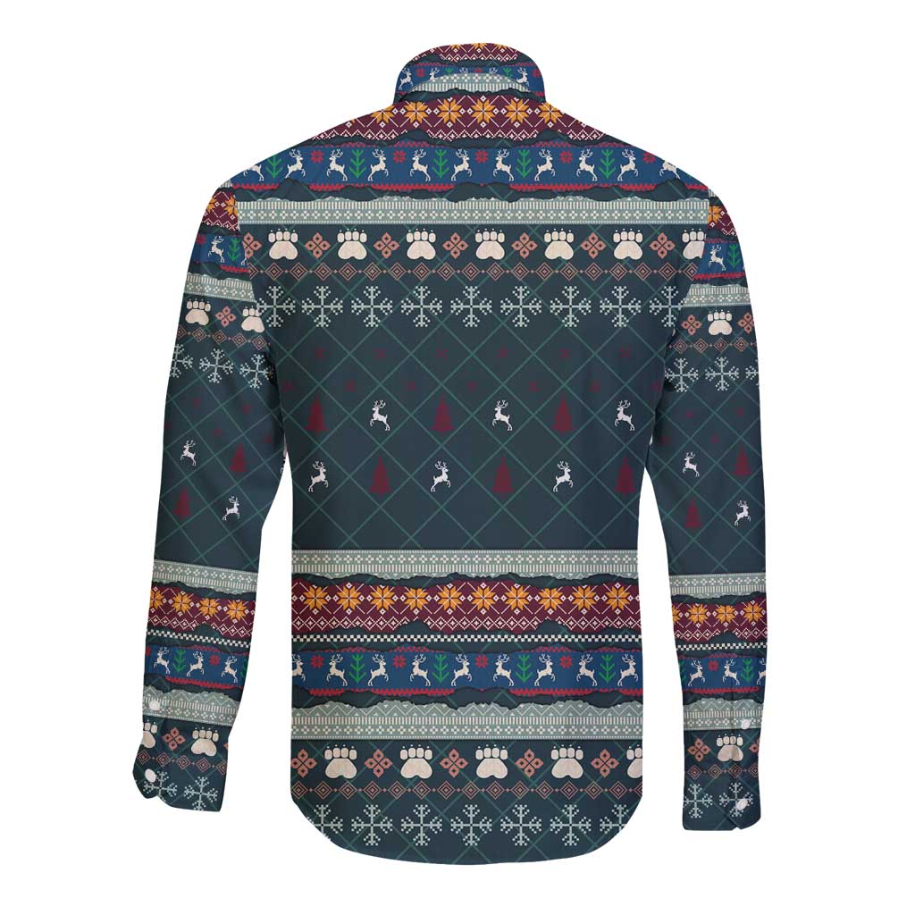 Bernese Mountain Dogs in Holiday Costumes Long Sleeve Button Shirt with Green Snowflake Pattern Design - Wonder Print Shop