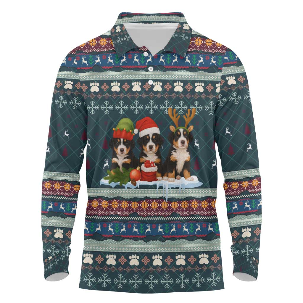 Bernese Mountain Dogs in Holiday Costumes Long Sleeve Polo Shirt with Green Snowflake Pattern Design - Wonder Print Shop