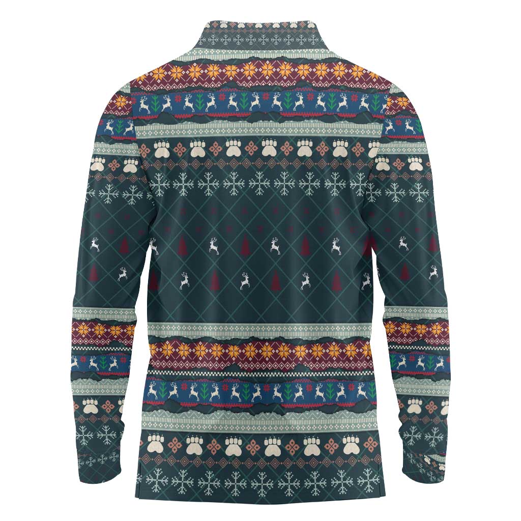 Bernese Mountain Dogs in Holiday Costumes Long Sleeve Polo Shirt with Green Snowflake Pattern Design - Wonder Print Shop