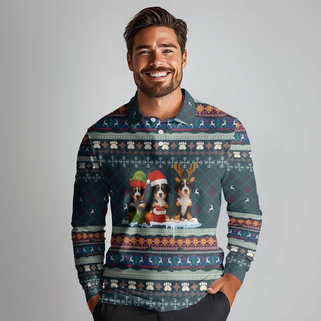 Bernese Mountain Dogs in Holiday Costumes Long Sleeve Polo Shirt with Green Snowflake Pattern Design - Wonder Print Shop