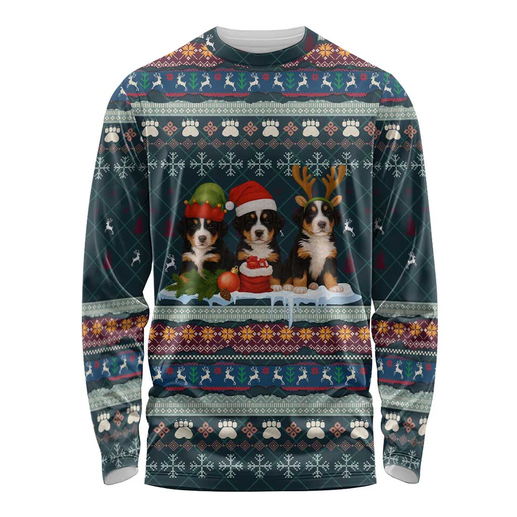 Bernese Mountain Dogs in Holiday Costumes Long Sleeve Shirt with Green Snowflake Pattern Design - Wonder Print Shop