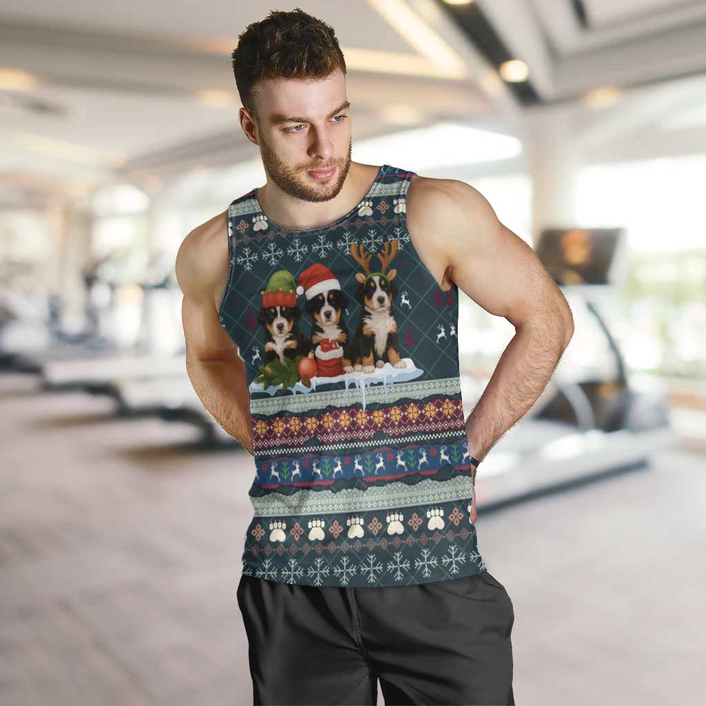 Bernese Mountain Dogs in Holiday Costumes Men Tank Top with Green Snowflake Pattern Design - Wonder Print Shop