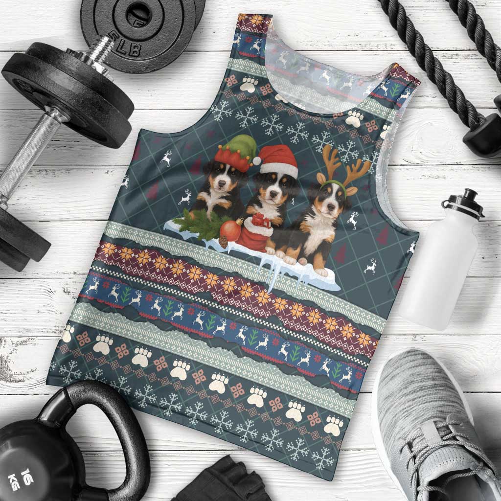 Bernese Mountain Dogs in Holiday Costumes Men Tank Top with Green Snowflake Pattern Design - Wonder Print Shop