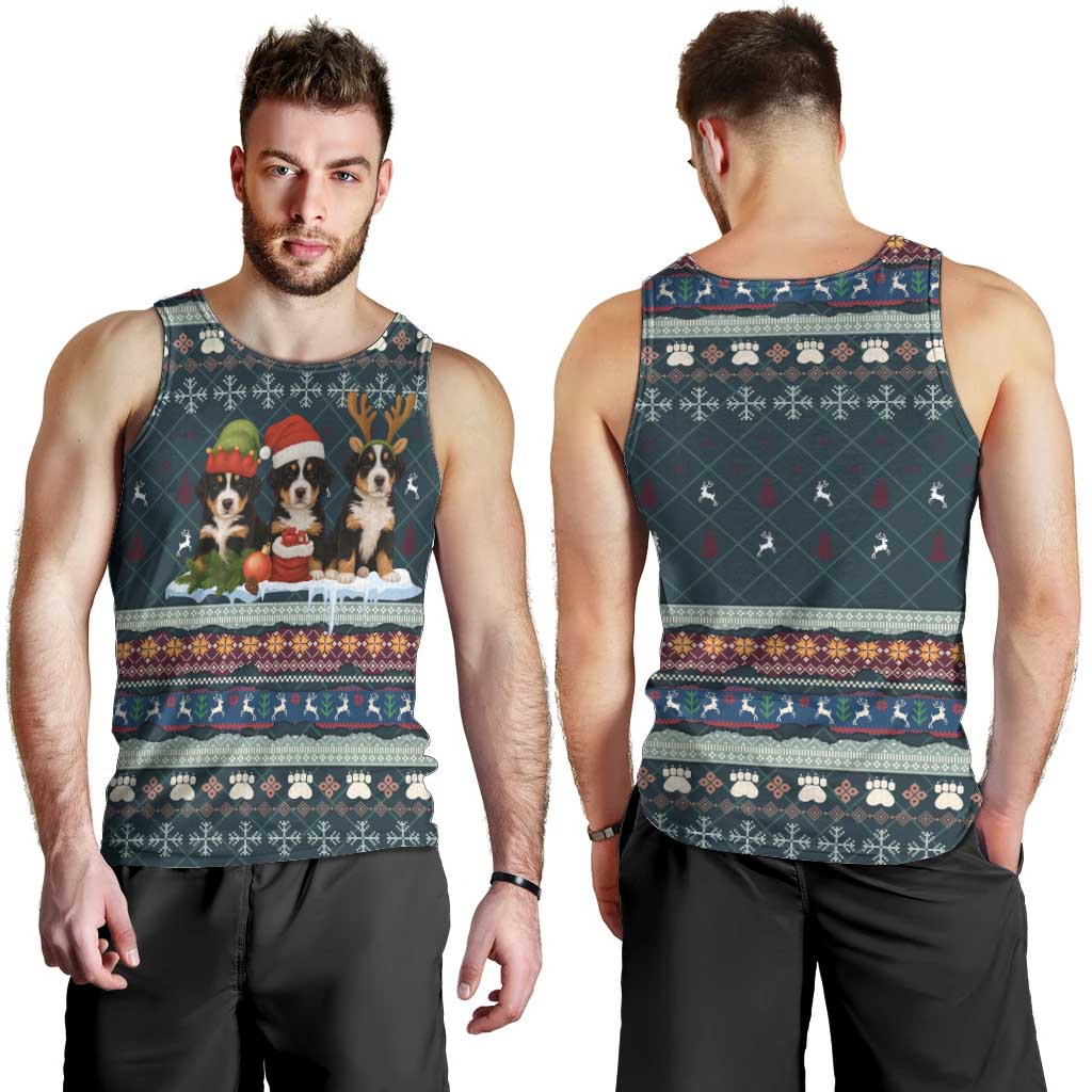 Bernese Mountain Dogs in Holiday Costumes Men Tank Top with Green Snowflake Pattern Design - Wonder Print Shop