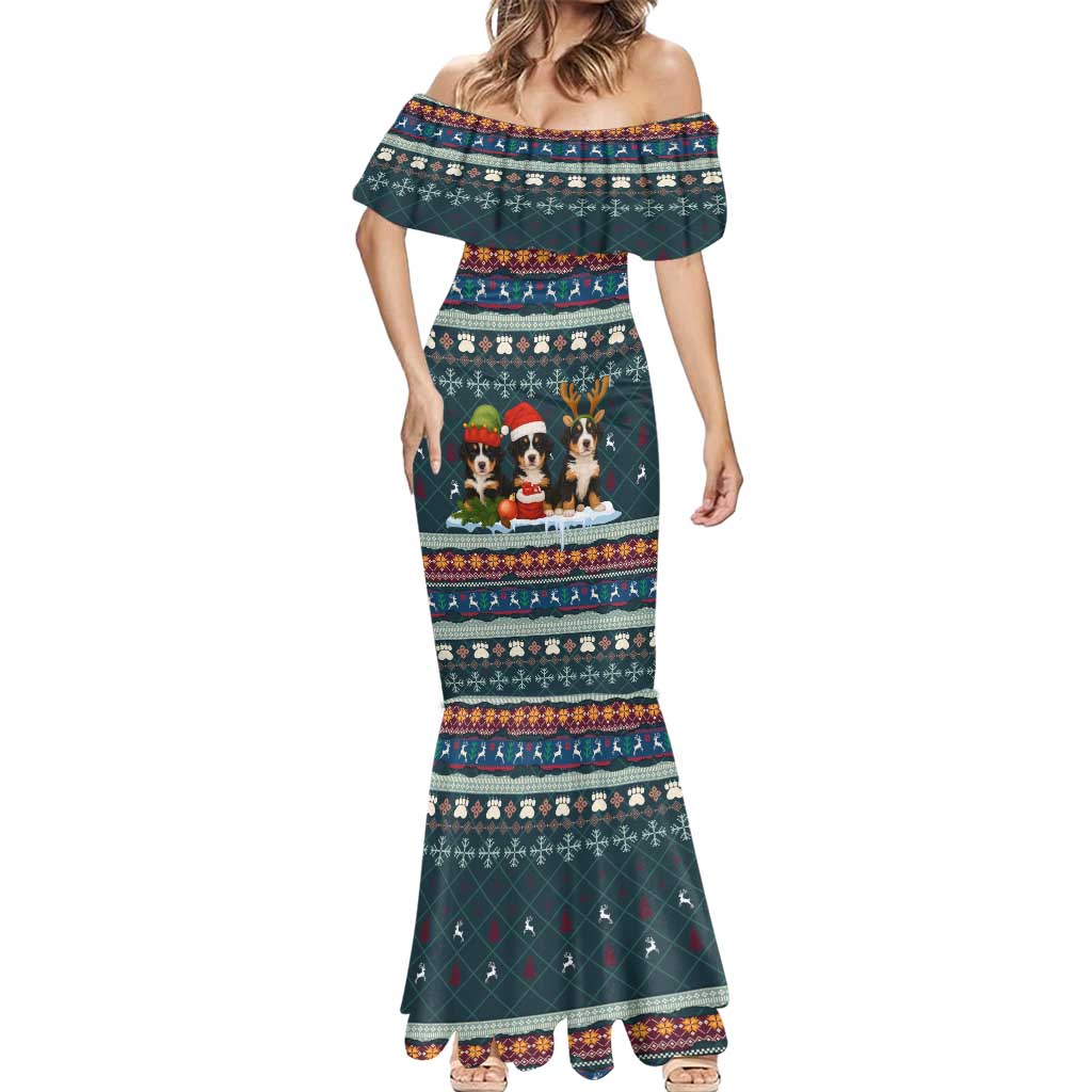 Bernese Mountain Dogs in Holiday Costumes Mermaid Dress with Green Snowflake Pattern Design - Wonder Print Shop