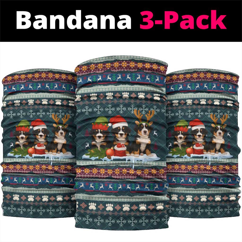 Bernese Mountain Dogs in Holiday Costumes Neck Gaiter with Green Snowflake Pattern Design - Wonder Print Shop
