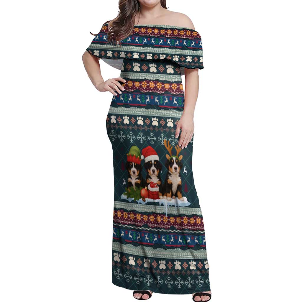 Bernese Mountain Dogs in Holiday Costumes Off Shoulder Maxi Dress with Green Snowflake Pattern Design - Wonder Print Shop