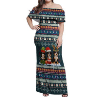 Bernese Mountain Dogs in Holiday Costumes Off Shoulder Maxi Dress with Green Snowflake Pattern Design - Wonder Print Shop