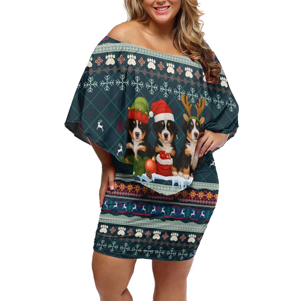 Bernese Mountain Dogs in Holiday Costumes Off Shoulder Short Dress with Green Snowflake Pattern Design - Wonder Print Shop