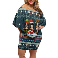 Bernese Mountain Dogs in Holiday Costumes Off Shoulder Short Dress with Green Snowflake Pattern Design - Wonder Print Shop