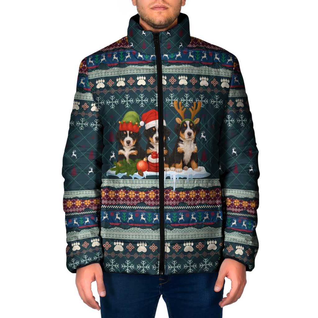 Bernese Mountain Dogs in Holiday Costumes Padded Jacket with Green Snowflake Pattern Design - Wonder Print Shop