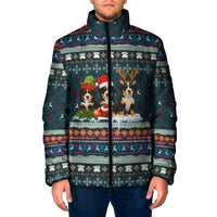 Bernese Mountain Dogs in Holiday Costumes Padded Jacket with Green Snowflake Pattern Design - Wonder Print Shop