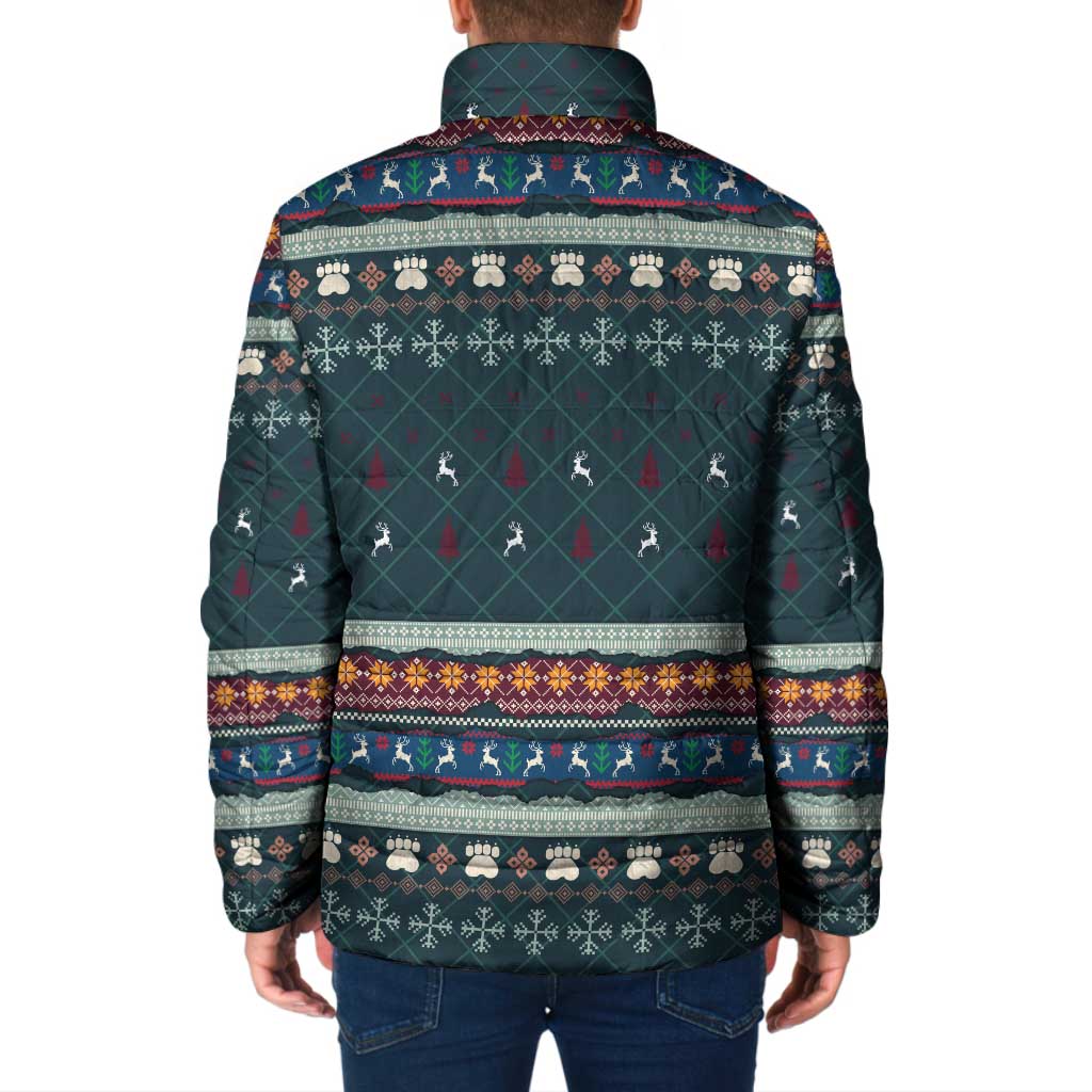 Bernese Mountain Dogs in Holiday Costumes Padded Jacket with Green Snowflake Pattern Design - Wonder Print Shop