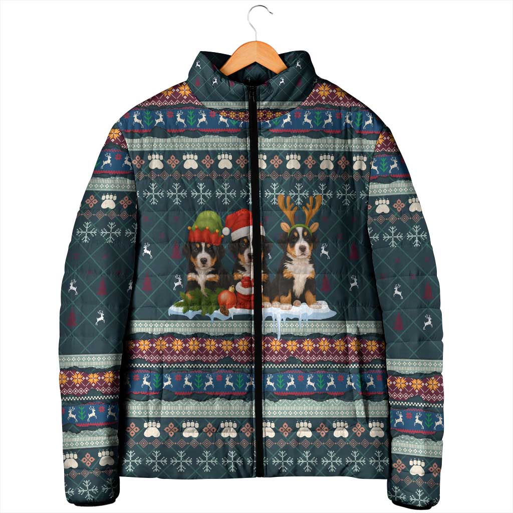 Bernese Mountain Dogs in Holiday Costumes Padded Jacket with Green Snowflake Pattern Design - Wonder Print Shop