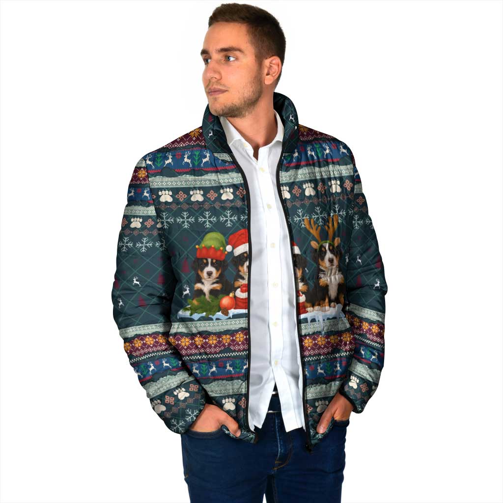 Bernese Mountain Dogs in Holiday Costumes Padded Jacket with Green Snowflake Pattern Design - Wonder Print Shop