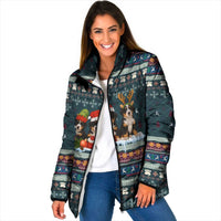 Bernese Mountain Dogs in Holiday Costumes Padded Jacket with Green Snowflake Pattern Design - Wonder Print Shop