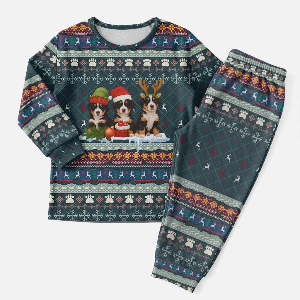Bernese Mountain Dogs in Holiday Costumes Christmas Pajama Set with Green Snowflake Pattern Design - Wonder Print Shop