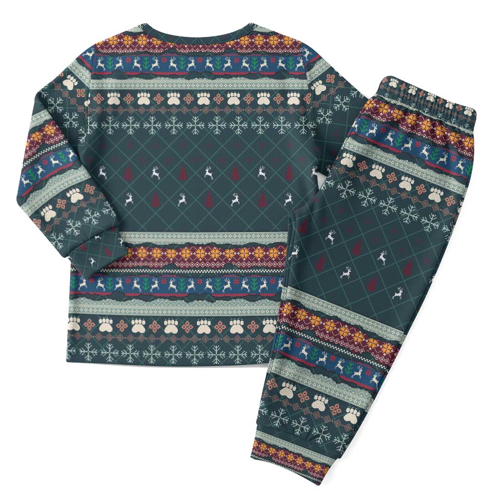 Bernese Mountain Dogs in Holiday Costumes Christmas Pajama Set with Green Snowflake Pattern Design - Wonder Print Shop