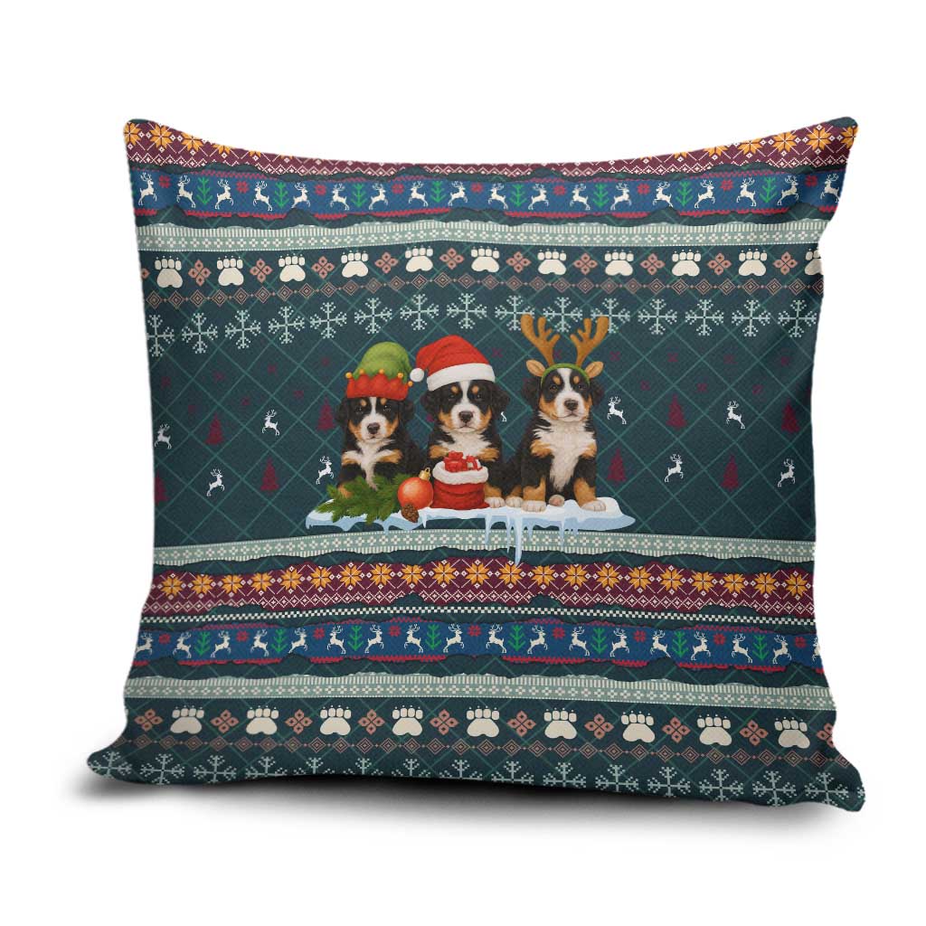 Bernese Mountain Dogs in Holiday Costumes Pillow Cover with Green Snowflake Pattern Design - Wonder Print Shop