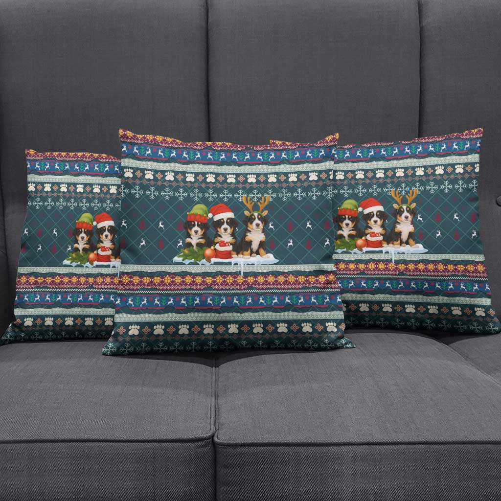 Bernese Mountain Dogs in Holiday Costumes Pillow Cover with Green Snowflake Pattern Design - Wonder Print Shop
