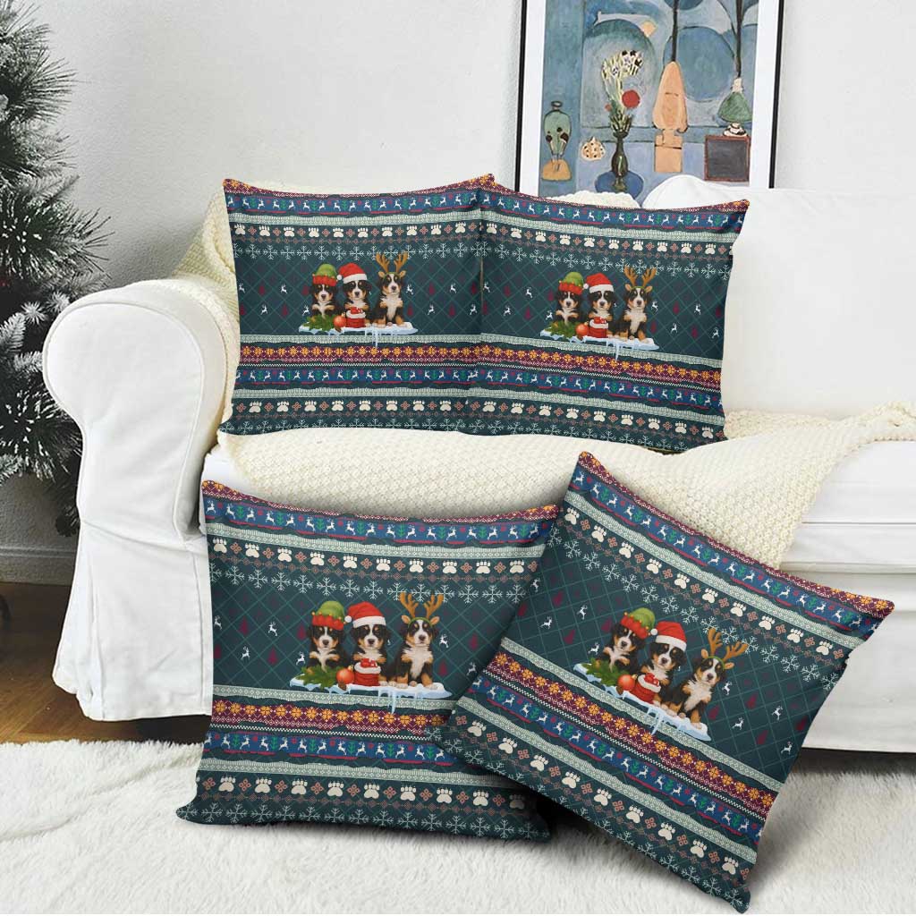Bernese Mountain Dogs in Holiday Costumes Pillow Cover with Green Snowflake Pattern Design - Wonder Print Shop