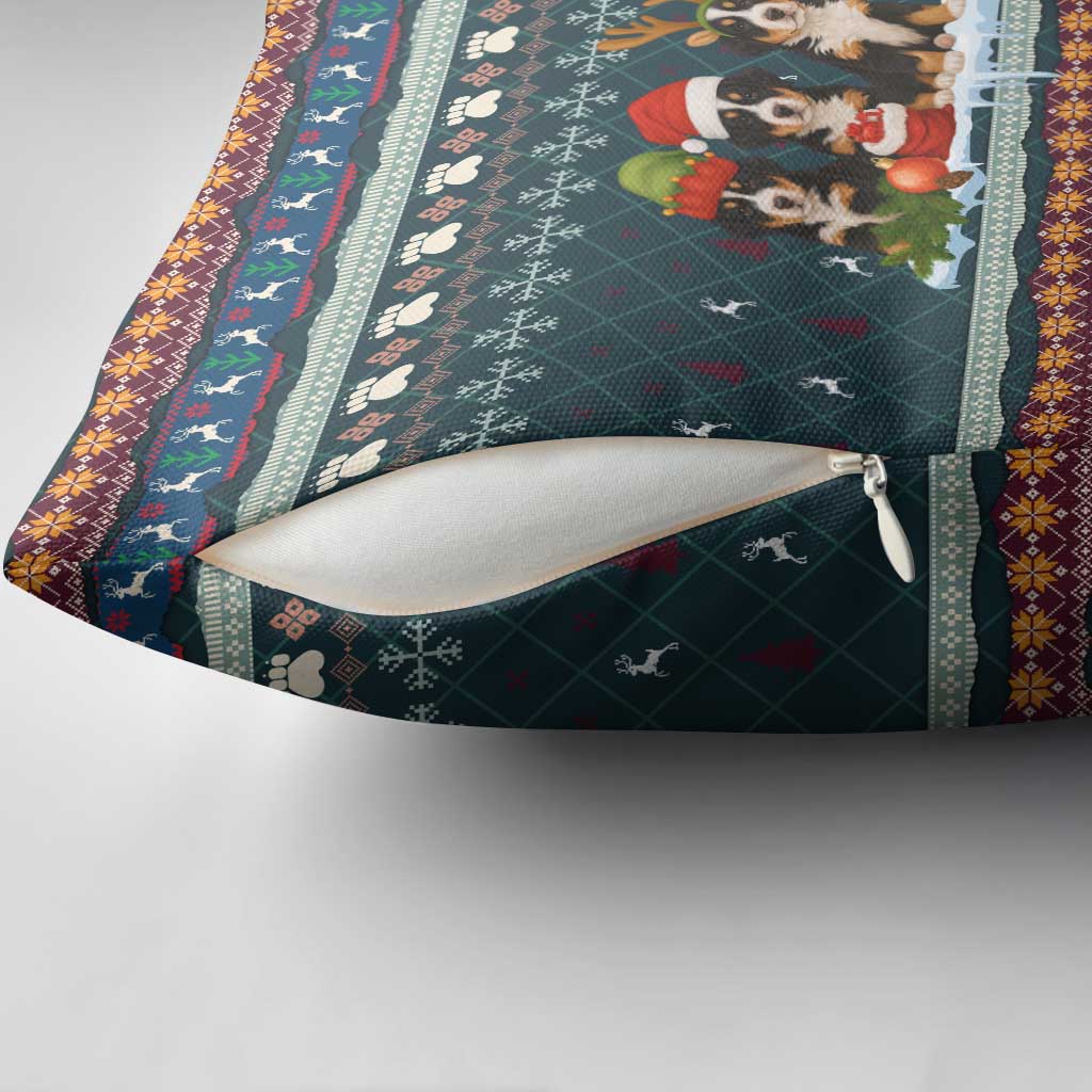 Bernese Mountain Dogs in Holiday Costumes Pillow Cover with Green Snowflake Pattern Design - Wonder Print Shop